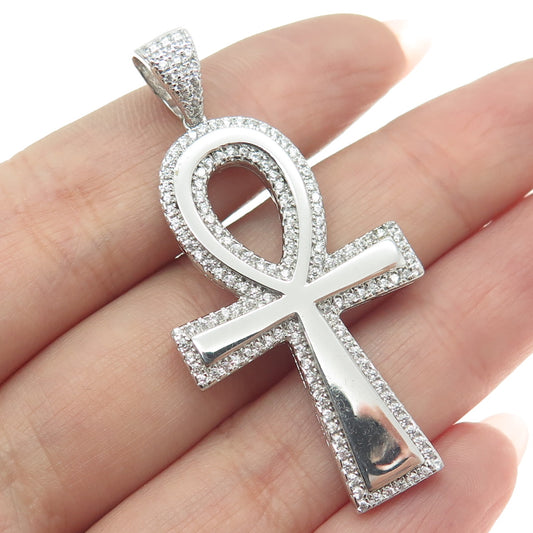 925 Sterling Silver Round-Cut Shaped C Z Egypt Ankh Cross Pendant