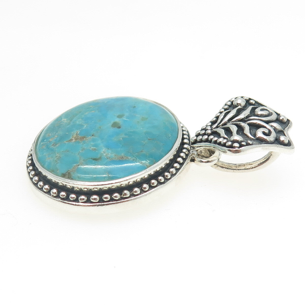 NK SILVER 925 Sterling Silver Vintage Real Turquoise Ornate Pendant
