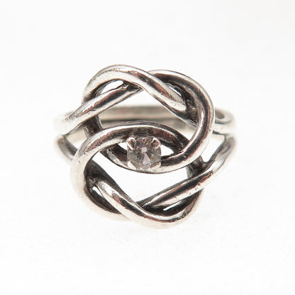 925 Sterling Silver Vintage Real White Topaz Love Knot Oxidized Ring Size 6.75