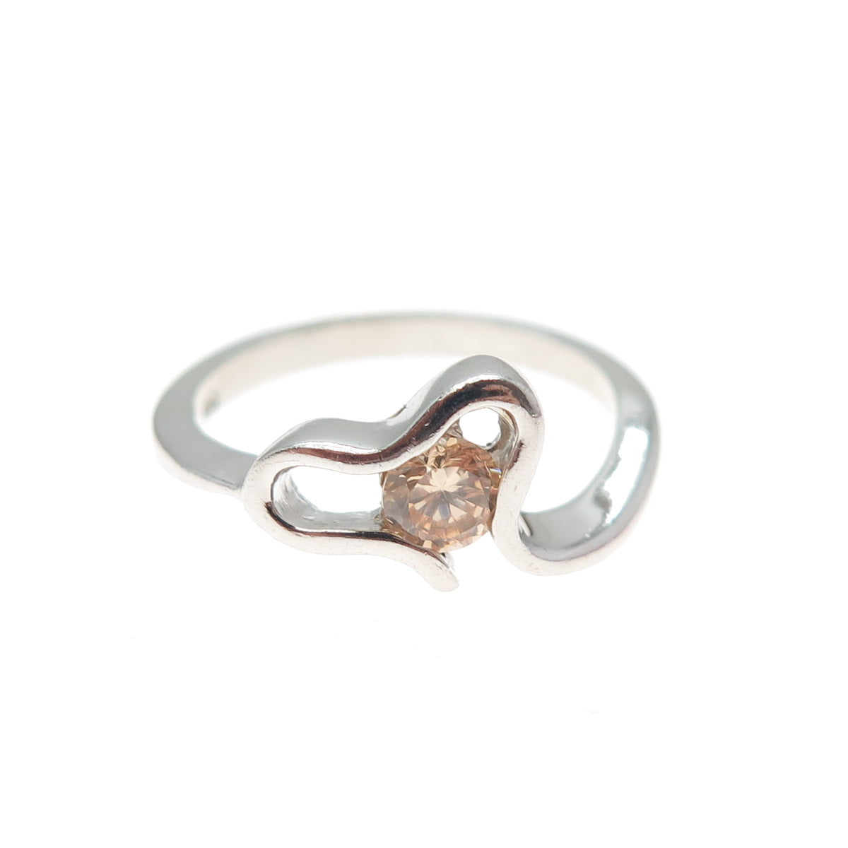 925 Sterling Silver Round-Cut Champagne C Z Modernist Heart Ring Size 7.75