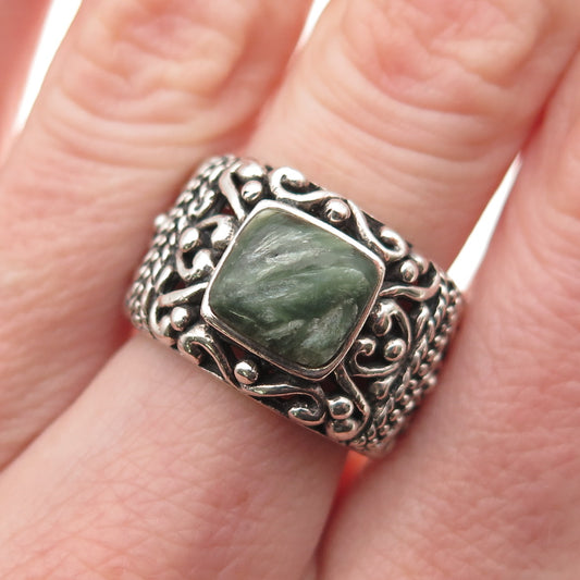 925 Sterling Silver Vintage Real Seraphinite Ornate Oxidized Ring Size 5.75