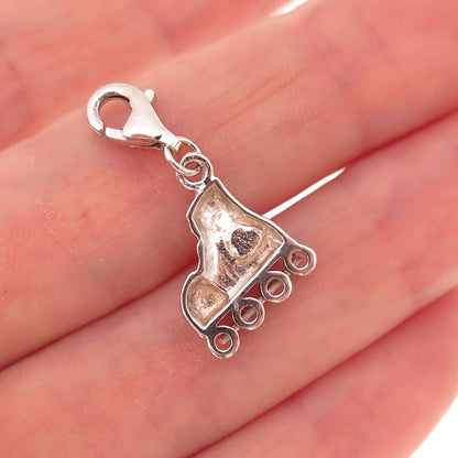 925 Sterling Silver Vintage Enamel Heart Roller Skate Lobster Lock Charm Pendant
