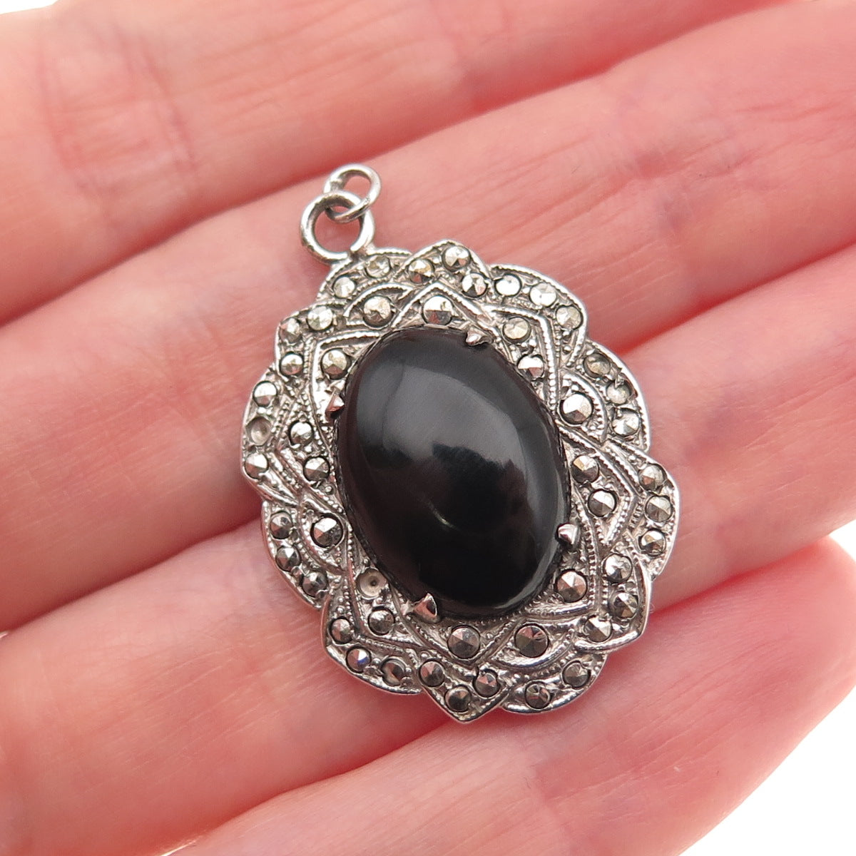 925 Sterling Silver Antique Real Black Onyx Marcasite Pendant (missing 3 stones)