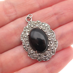 925 Sterling Silver Antique Real Black Onyx Marcasite Pendant (missing 3 stones)