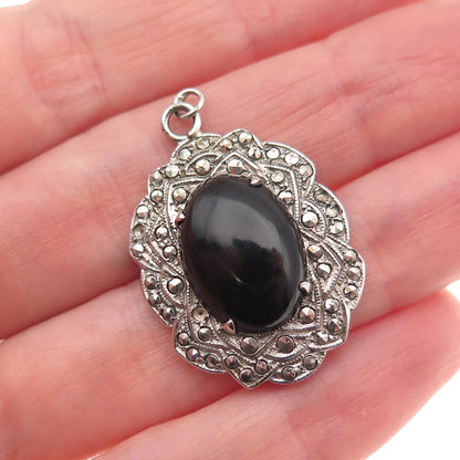 925 Sterling Silver Antique Real Black Onyx Marcasite Pendant (missing 3 stones)