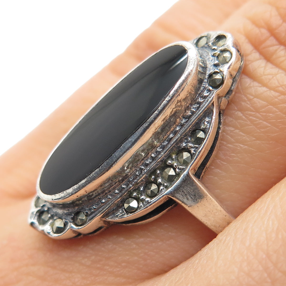 CHAPAL ZENRAY 925 Sterling Silver Vintage Real Black Onyx Marcasite Ring Size 8