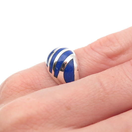 925 Sterling Silver Vintage Real Lapis Oxidized Dome Ring Size 4.5