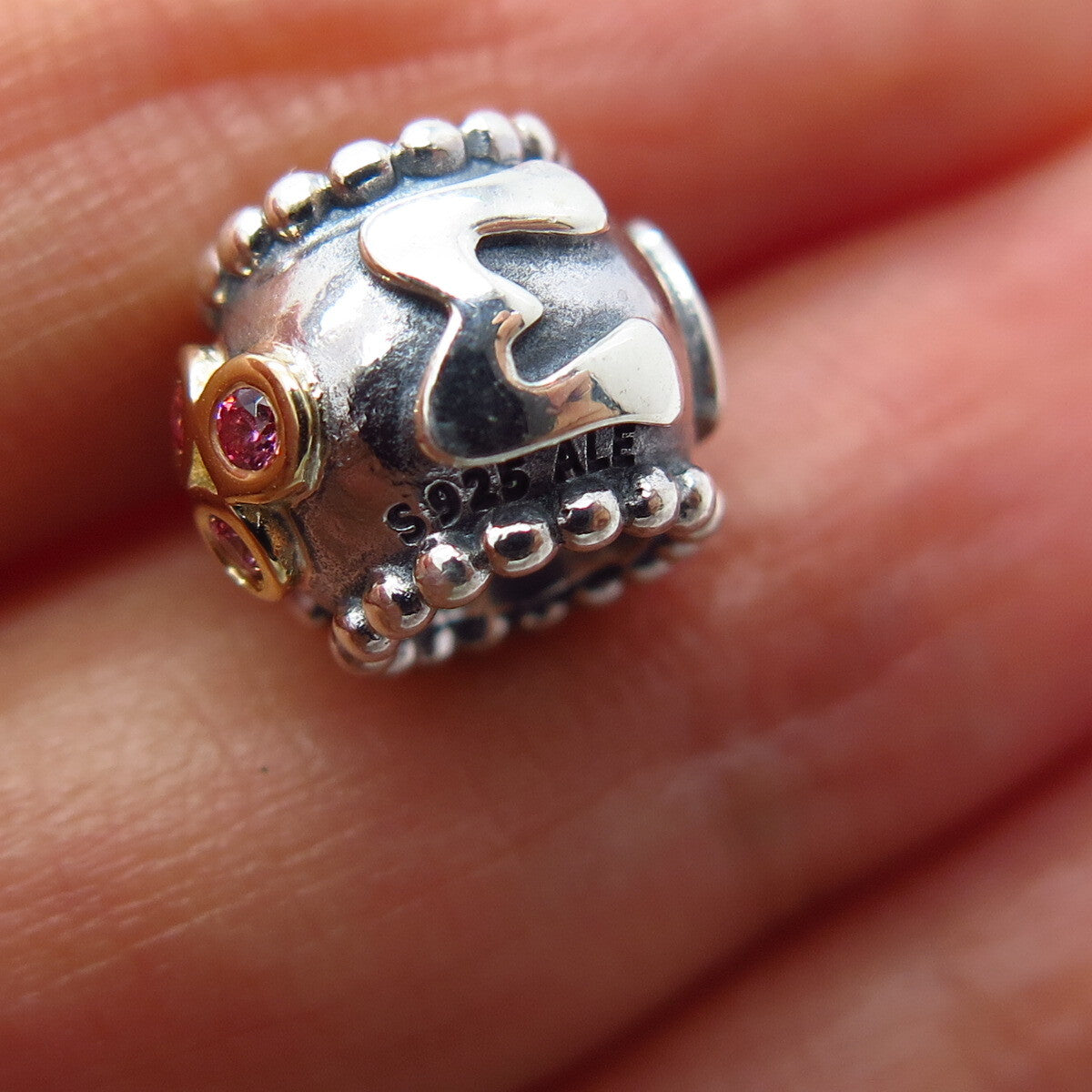 925 Sterling Silver / Gold Pandora Pink C Z "MOM" Bead Charm