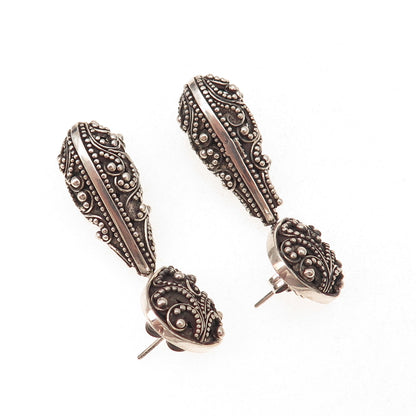 Lois Hill 925 Sterling Silver Vintage Granulated Scroll Teardrop Dangle Earrings