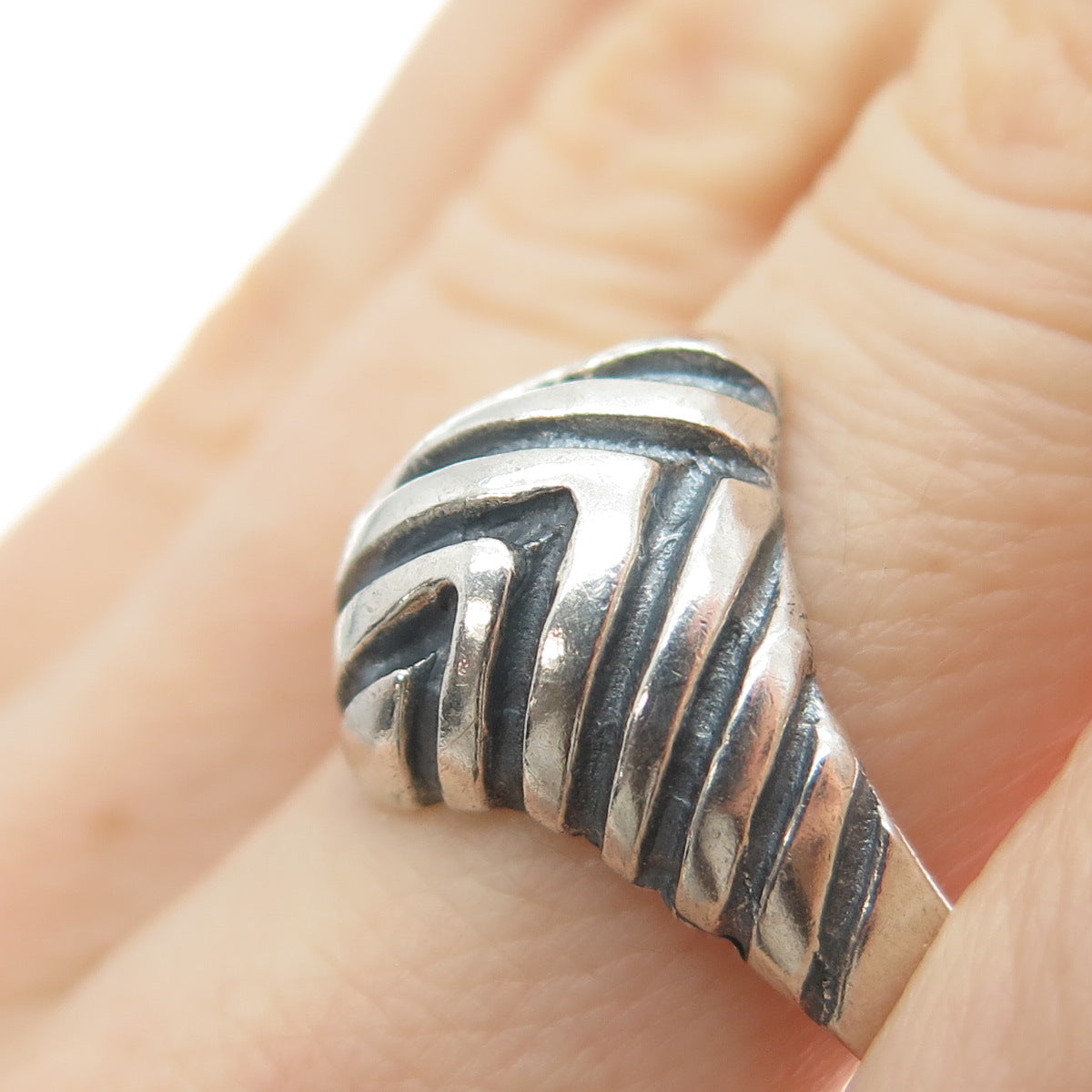 925 Sterling Silver Vintage Mexico Modernist Zig Zag Oxidized Ring Size 8