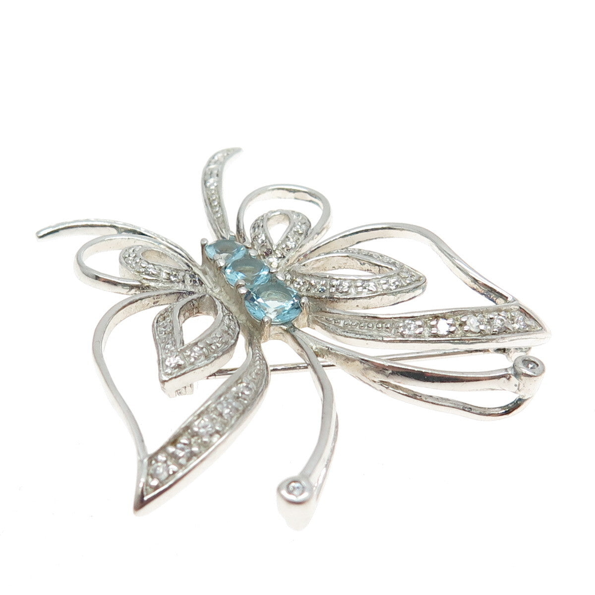 925 Sterling Silver Round-Cut Blue & White C Z Butterfly Pin Brooch