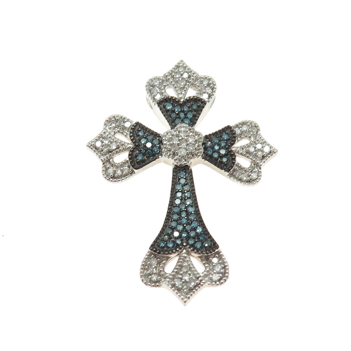 925 Sterling Silver Real Blue & White Diamond Fleur de Lis Cross Slide Pendant