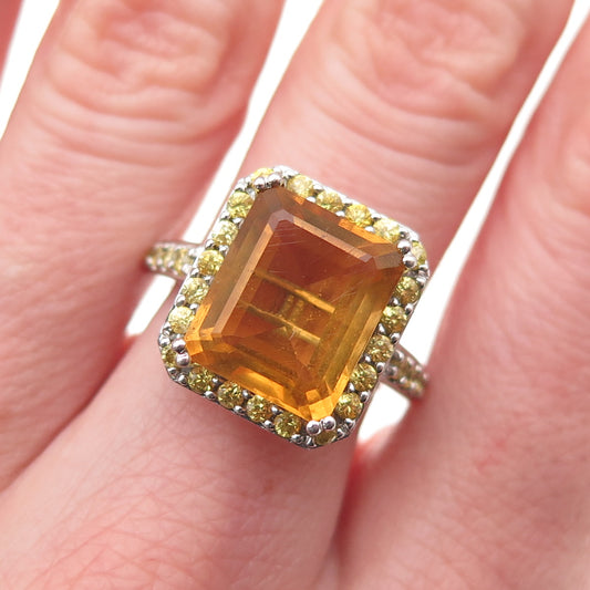 925 Sterling Silver Real Emerald-Cut Citrine & Canary C Z Ring Size 6.5