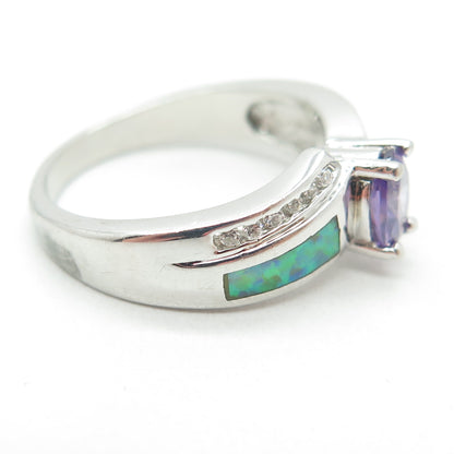 925 Sterling Silver Vintage Real Amethyst Opal & C Z Bypass Ring Size 9.25