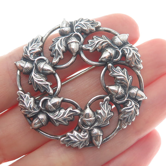 DANECRAFT 925 Sterling Silver Antique Art Deco Acorn Oak Floral Oxidized Brooch