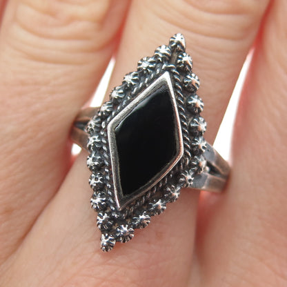 925 Sterling Silver Vintage Real Black Onyx Cannetille Oxidized Ring Size 9.5