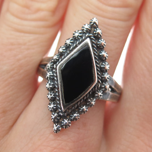 925 Sterling Silver Vintage Real Black Onyx Cannetille Oxidized Ring Size 9.5
