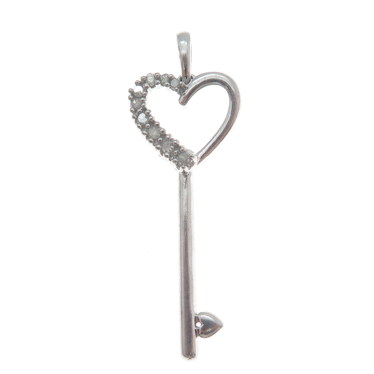 925 Sterling Silver Real Round-Cut Diamond Heart Key Charm Pendant