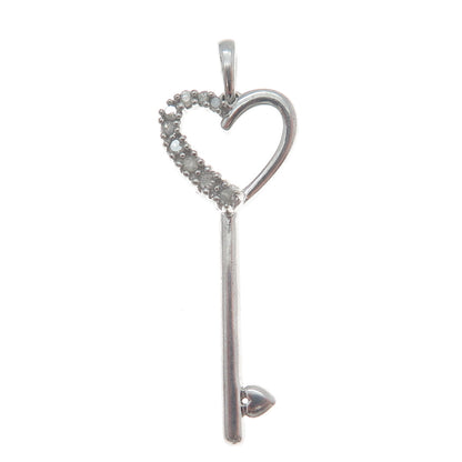925 Sterling Silver Real Round-Cut Diamond Heart Key Charm Pendant