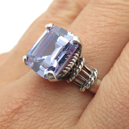 925 Sterling Silver Vintage Emerald-Cut Purple C Z Ring Size 9.75