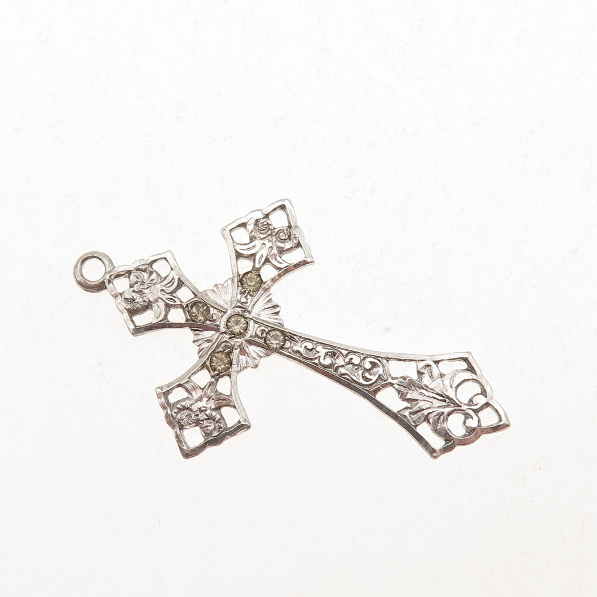 925 Sterling Silver Antique Art Deco Rhinestone Floral Cross Charm Pendant