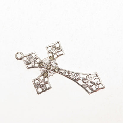 925 Sterling Silver Antique Art Deco Rhinestone Floral Cross Charm Pendant