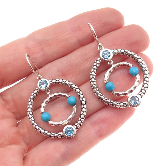 Michael Dawkins 925 Sterling Silver Real Turquoise & Blue Topaz Dangle Earrings