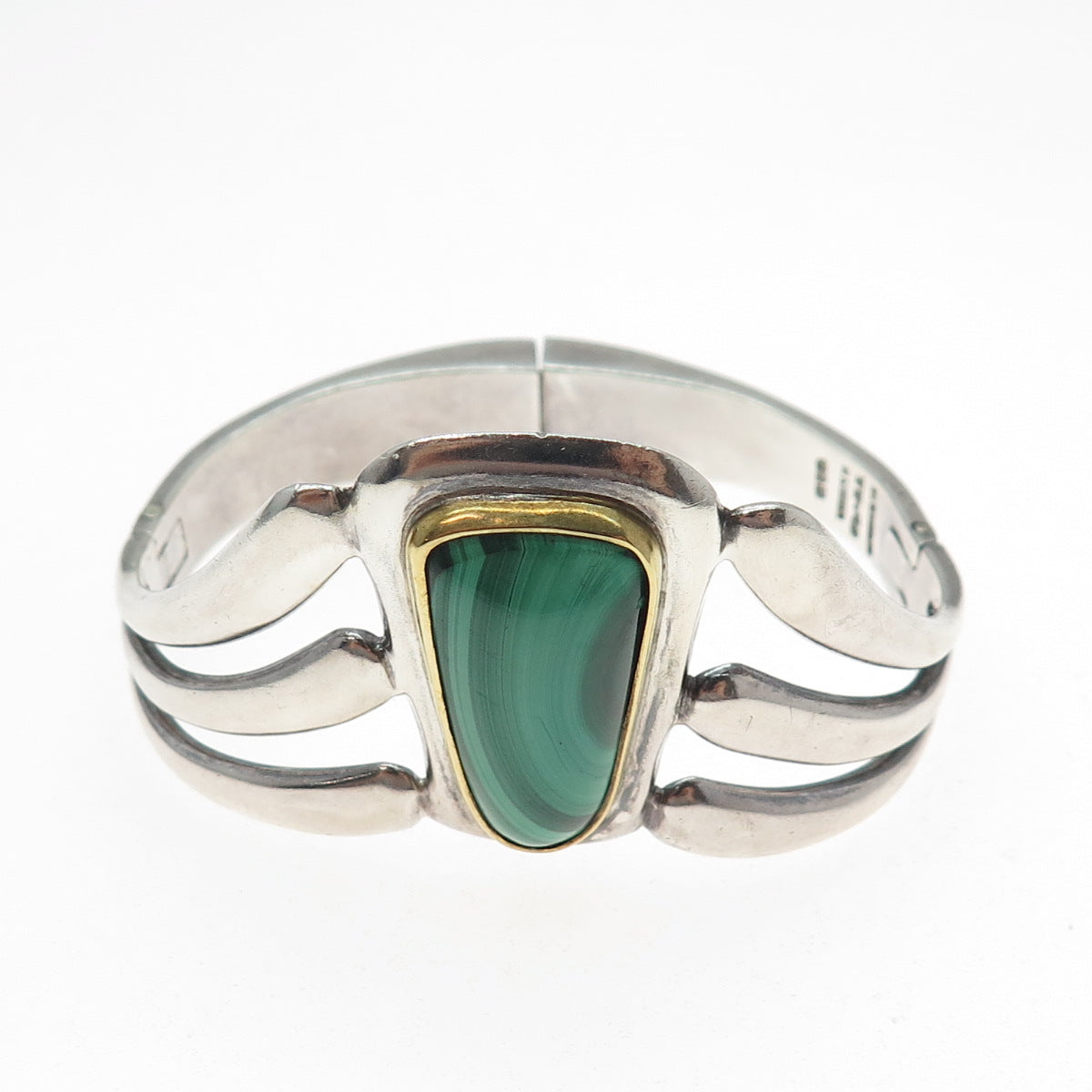 ALICIA Sterling Vintage Mexico Real Malachite Modernist Heavy 57.8g Bracelet 7"