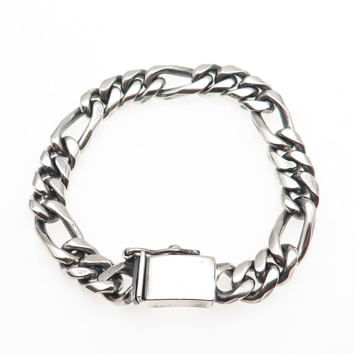 925 Sterling Silver Vintage Mexico Heavy 57.6g Figaro Link Oxidized Bracelet 8"