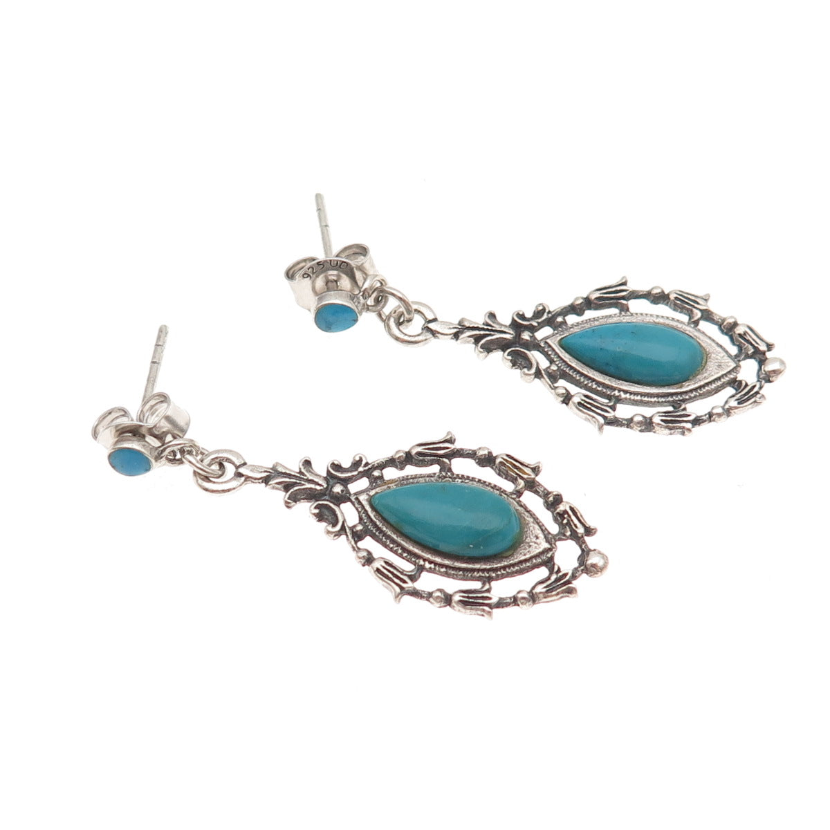 925 Sterling Silver Vintage Real Turquoise Floral Oxidized Dangle Earrings