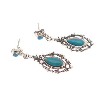 925 Sterling Silver Vintage Real Turquoise Floral Oxidized Dangle Earrings