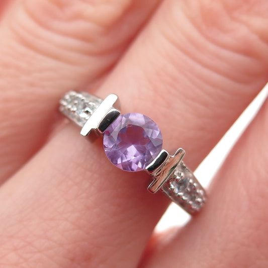 925 Sterling Silver Real Round-Cut Amethyst & Blue Topaz Ring Size 7.25
