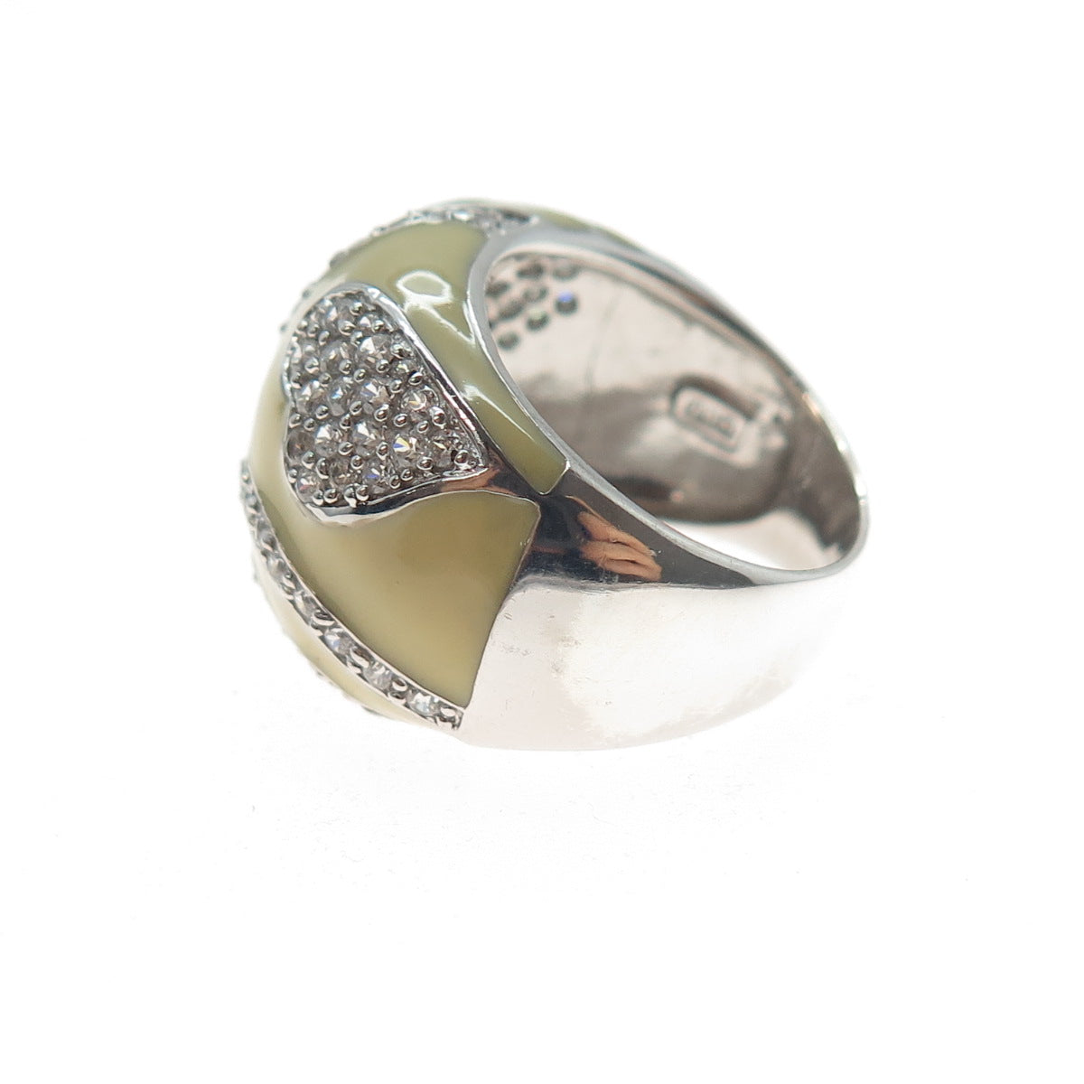 925 Sterling Silver Vintage Enamel Round-Cut C Z Heart Dome Ring Size 5