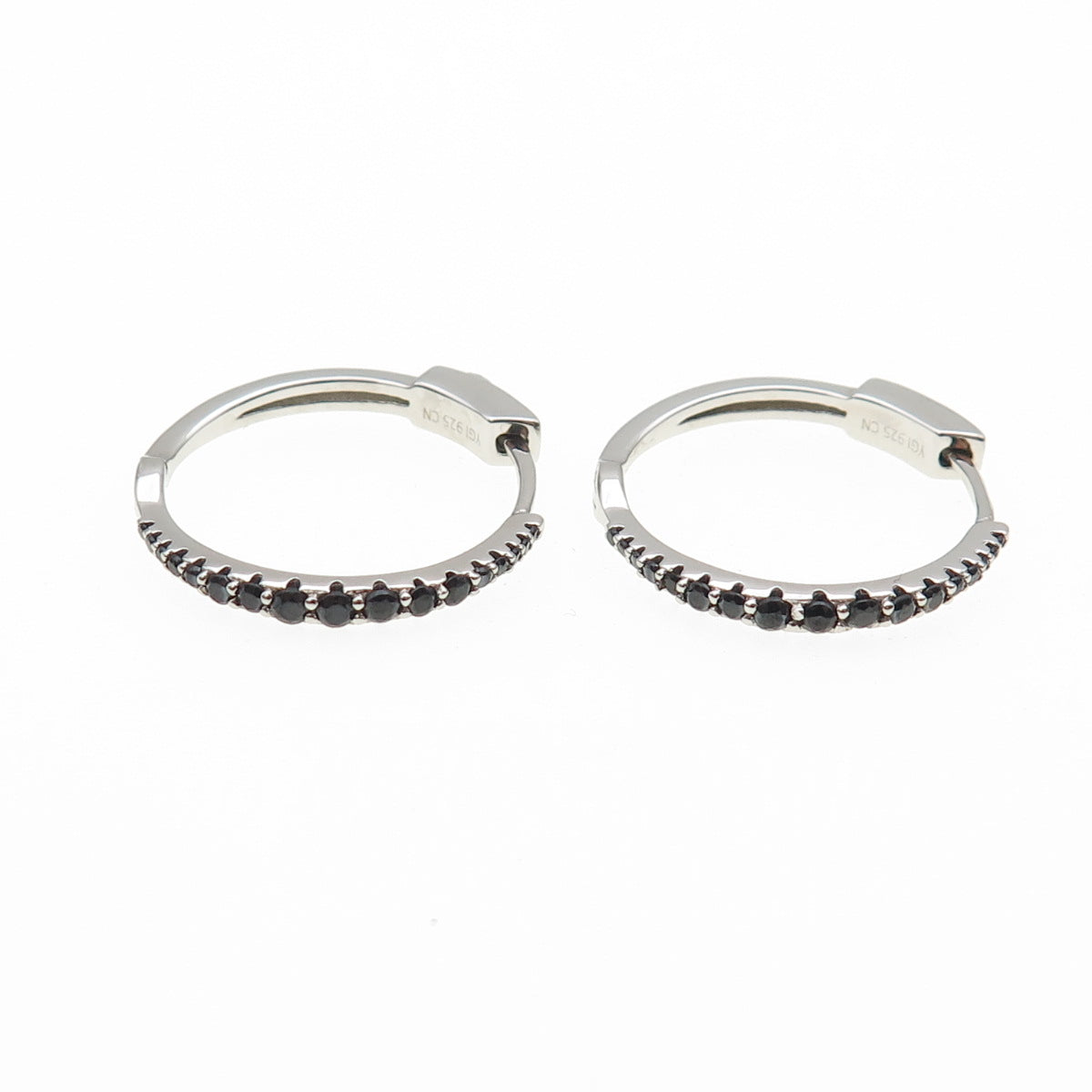 925 Sterling Silver Round-Cut Graduated Black C Z Hoop Earrings
