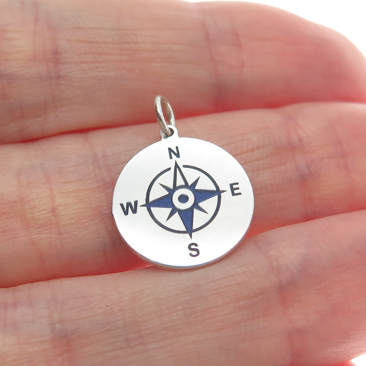 925 Sterling Silver Blue Enamel Compass Round Tag Minimalist Charm Pendant