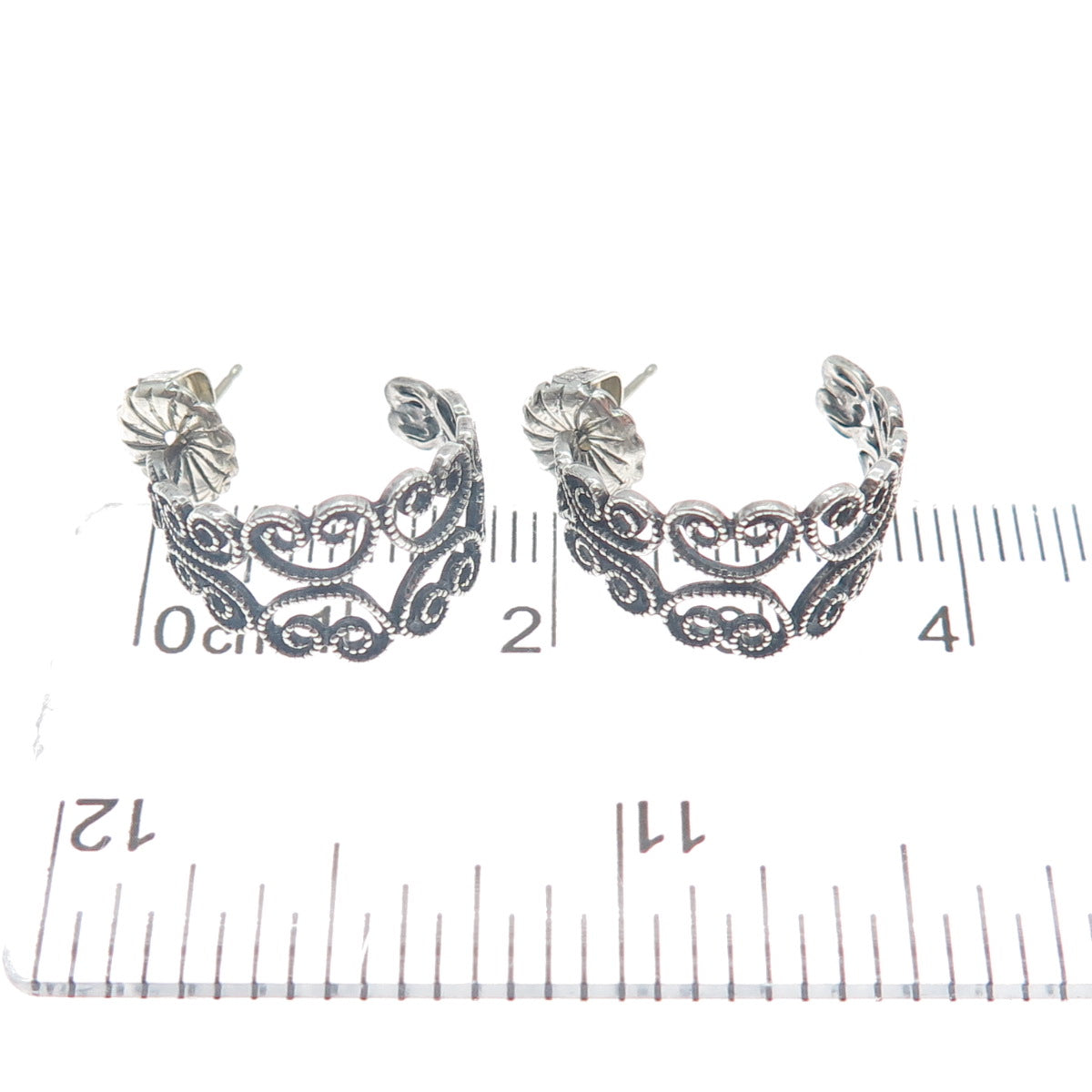 925 Sterling Silver Vintage Heart Ornate Oxidized Hoop Earrings