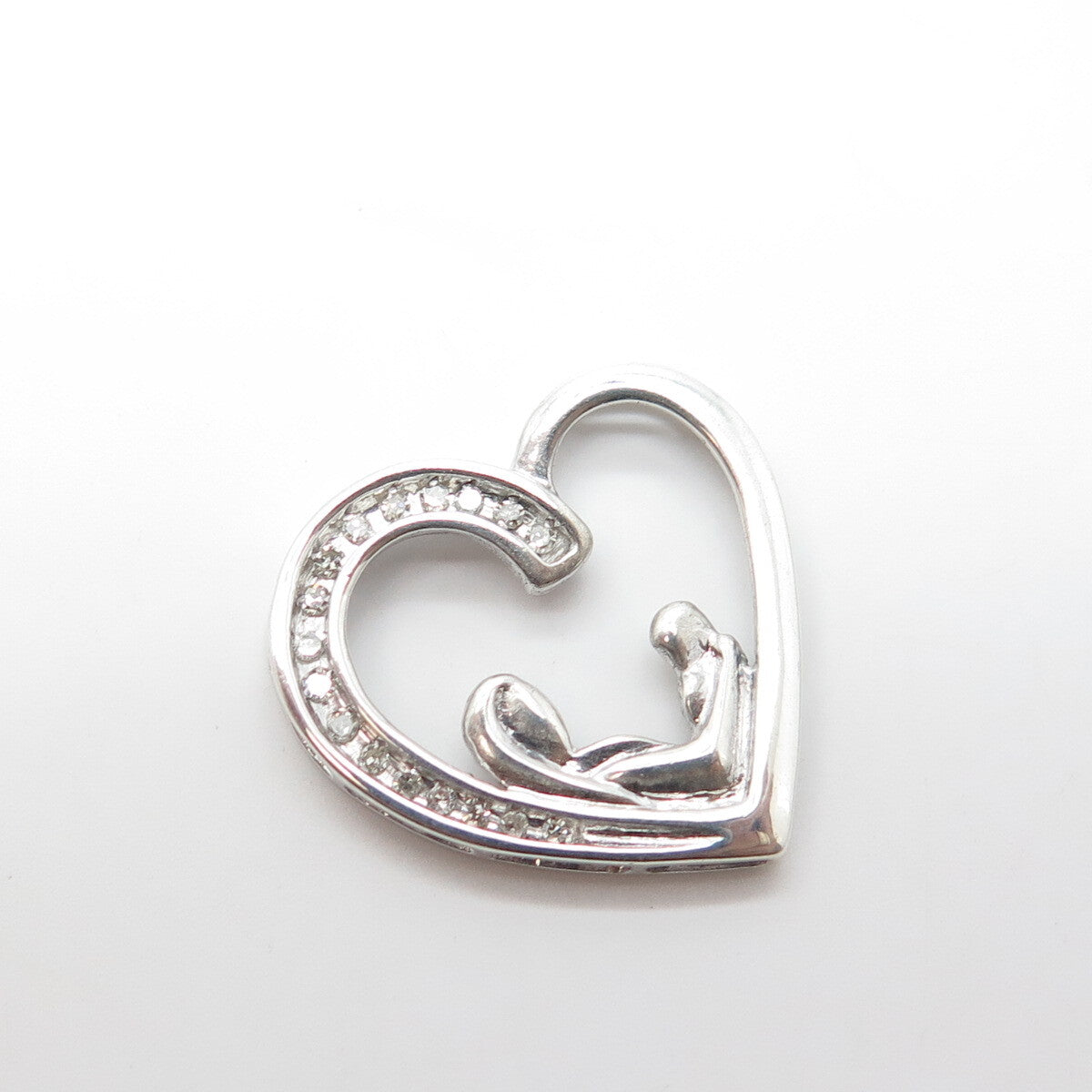 925 Sterling Silver Real White Diamond Mother & Child Open Heart Pendant