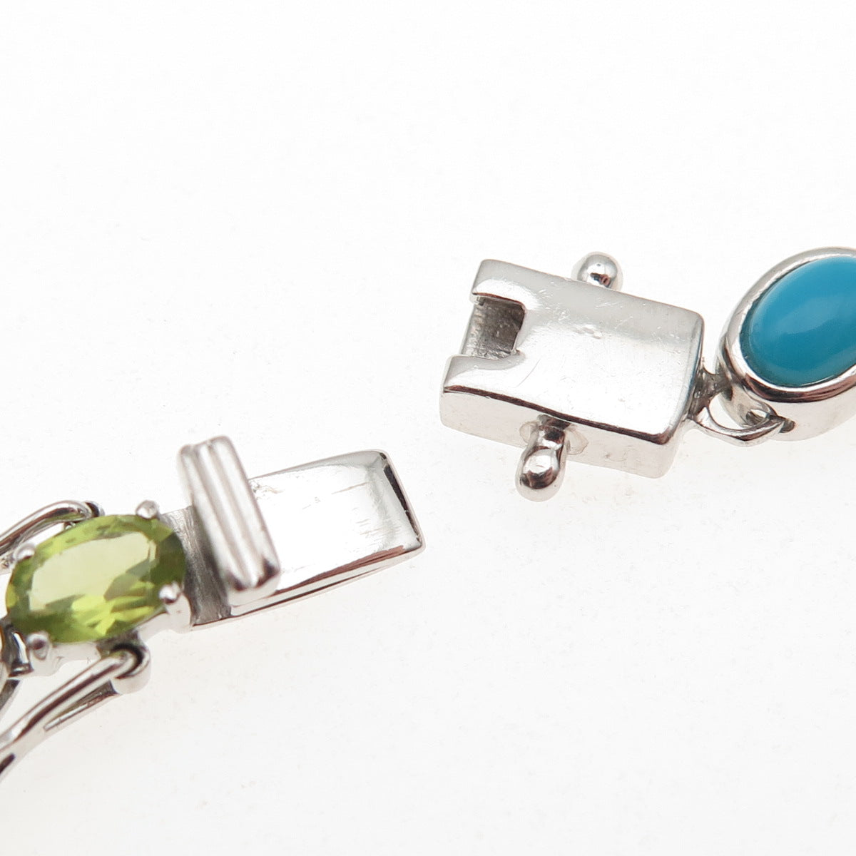 925 Sterling Silver Real Oval-Cut Turquoise & Peridot Chain Necklace 20"