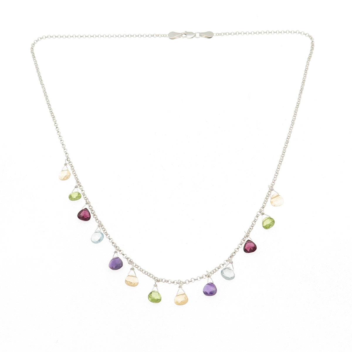 Gold Stone 925 Sterling Silver Vintage Real Multi-Gem Cable Chain Necklace 18"