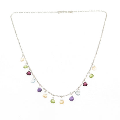 Gold Stone 925 Sterling Silver Vintage Real Multi-Gem Cable Chain Necklace 18"