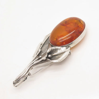 925 Sterling Silver Vintage Graciana Real Amber Floral Leaf Pin Brooch