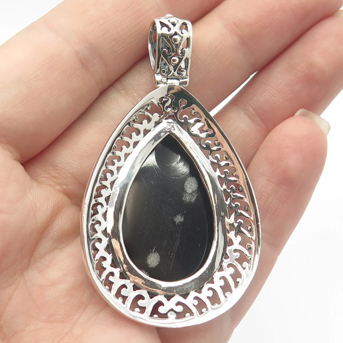 925 Sterling Silver Vintage Real Snowflake Obsidian Gem Teardrop Pendant