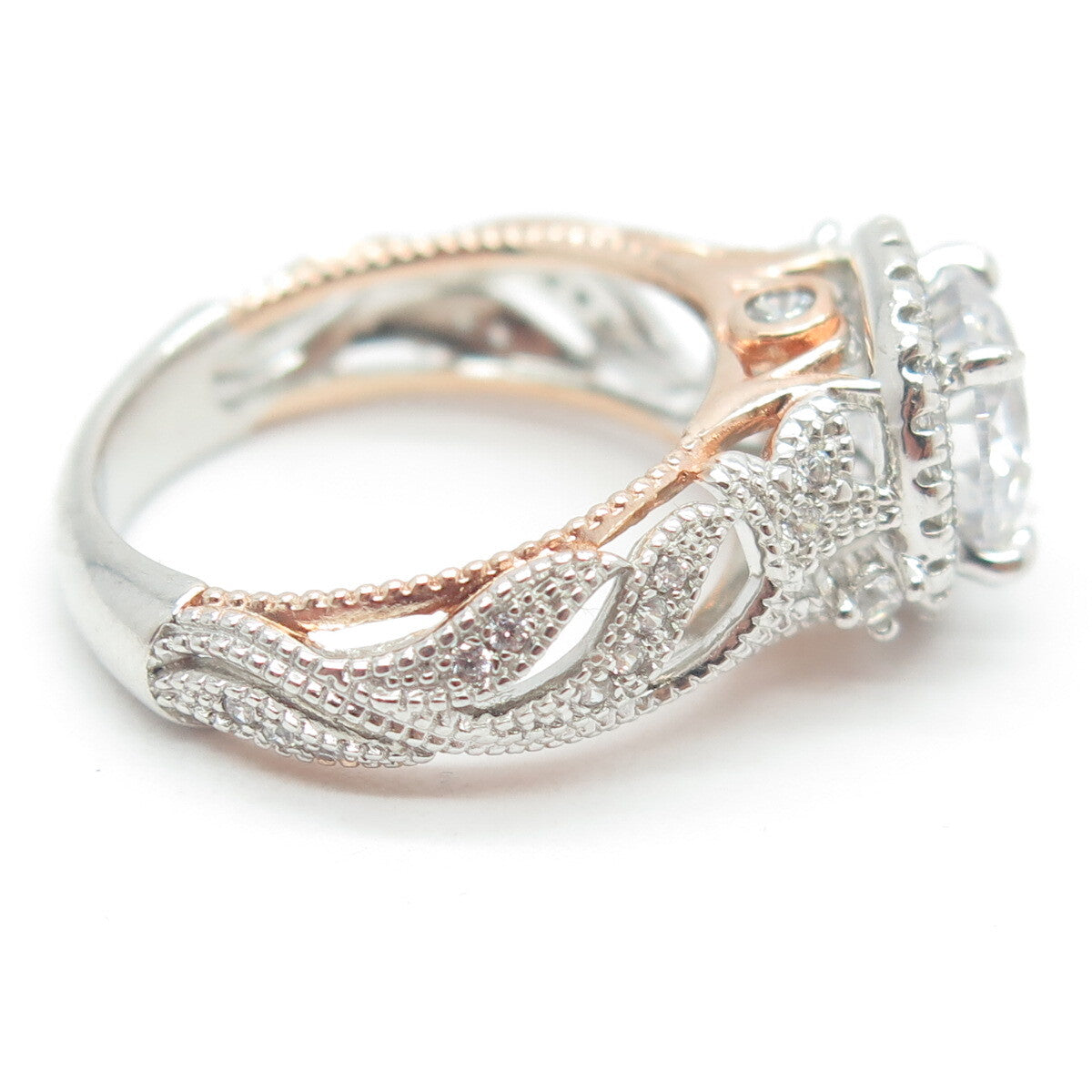 925 Sterling Silver 2-Tone Round-Cut Shaped C Z Ring Size 6.5