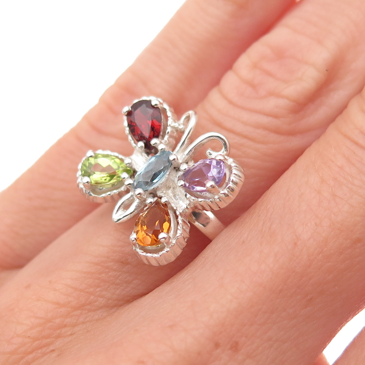 Coleman Co. 925 Sterling Silver Vintage Real Multi-Gem Butterfly Ring Size 6