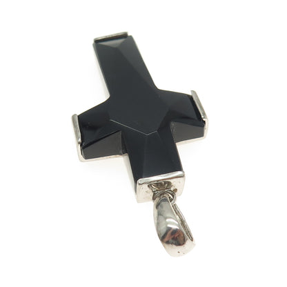 CHAPAL ZENRAY 925 Sterling Silver Vintage Real Black Onyx Gem Cross Pendant