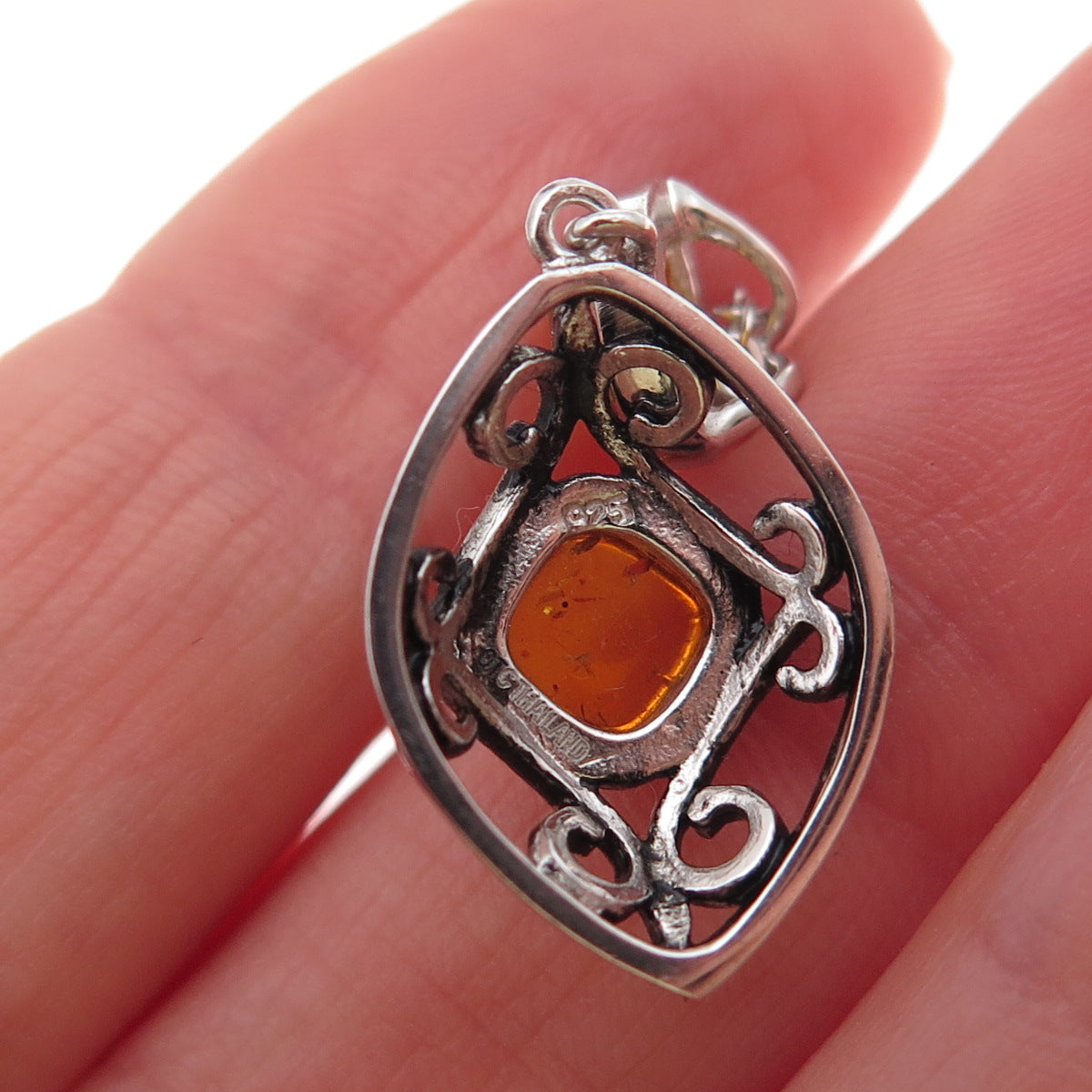 925 Sterling Silver Real Amber Floral Scroll Cable Chain Necklace 18"