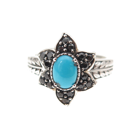 Chuck Clemency 925 Sterling Silver Real Turquoise & Spinel Floral Ring Size 8.25