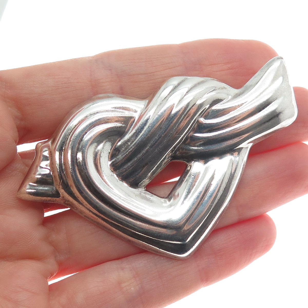 925 Sterling Silver Vintage Mexico Modernist Twisted Knot Heart Pin Brooch