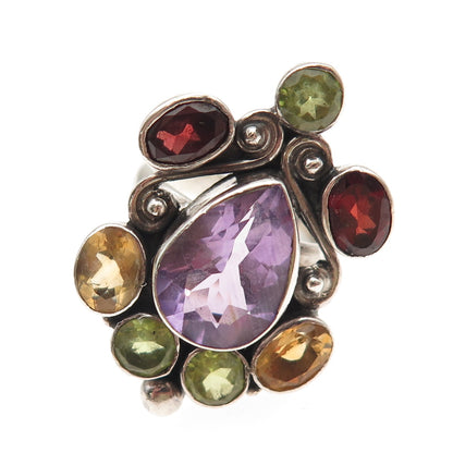 925 Sterling Silver Vintage Real Amethyst Peridot Citrine Red Garnet Ring Size 7