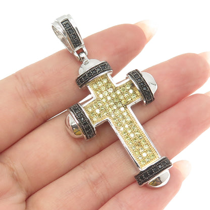 925 Sterling Silver Round-Cut Canary & Black C Z Cross Pendant